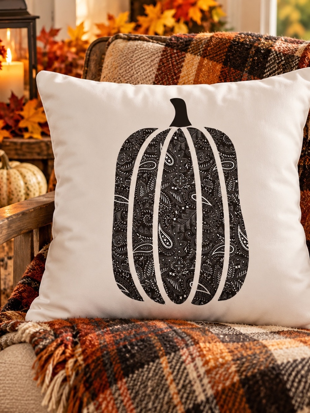 Black Pumpkin paisley Decorative Throw Pillow - Home Holiday
